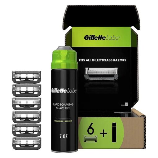 Gillette Labs with Exfoliating Bar Razor Refills for Men, 6 Razor Blade Refills and 7oz Rapid Foaming Shave Gel, Black