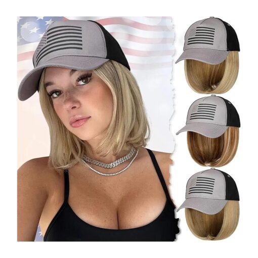 Qlenkay American Flag Hat Wig USA Flag Adjustable Baseball Cap Attached with 14" Hair Extensions Straight Bob Synthetic Hairpiece for Women Ginger Blonde Mix Bleach Blonde