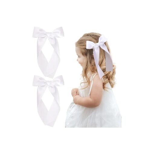 2Pcs Long Ribbon Hair Bows for Girls Hair Clip Silk Hair Bow Ribbon Hair Accessories for Baby Toddlers Infant Teens Kids ( White )