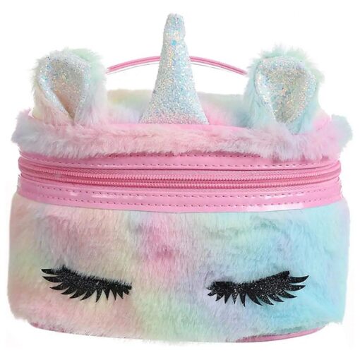 Newfancy Women Girls Kids Fluffy Faux Fur Unicorn Makeup Bag Small Cosmetic Organizer Plush Travel Storage Bags Toiletry Kit Case