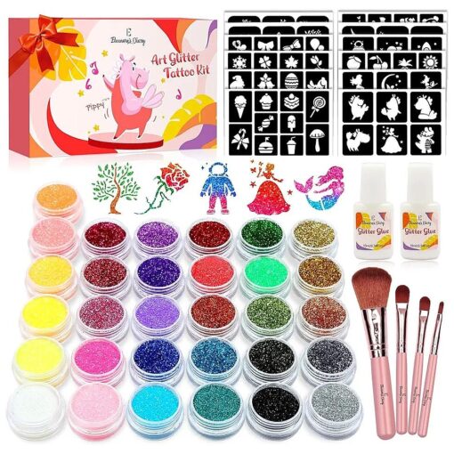 Temporary Glitter Tattoo Kids, Eleanore 's Diary 31 Glitter Colors,165 Unique Stencils,2 Glue,4 Brushes, Adults & Kids Arts Glitter Make Up Kit, Gifts for Girls Boys Birthday Party Summer Festival