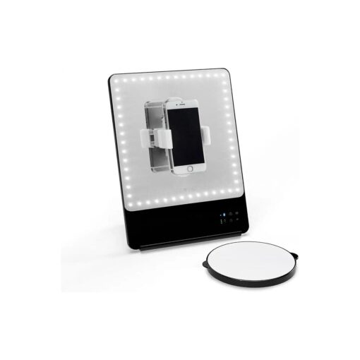 Glamcor Riki Skinny Vanity Makeup Mirror with Selfie Function and Magnification Mirror Attachment ( Black, 5X Magnification )