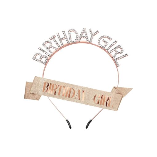 Birthday Crown Birthday Sash for Women, Birthday Girl Sash, Birthday Girl Crown, Glitter Rose Gold Birthday Sash and Crown Rhinestone Headband Set, Happy Birthday Girl Princess Tiara Sash Accessories