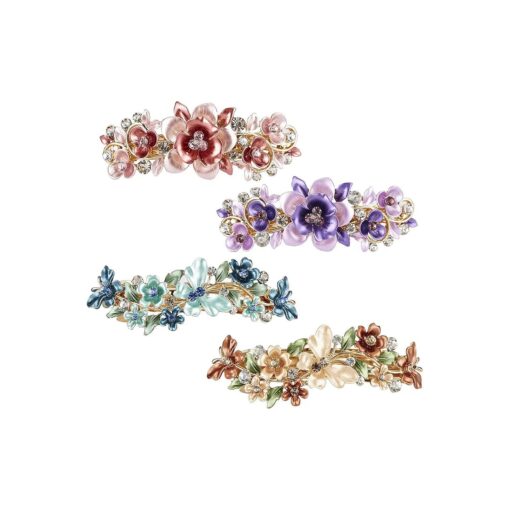 Lawie 4 Pack Fancy Delicate Floral Butterfly Leaf Jeweled Gems Rhinestone Glitter Sparkly Metal Hair Clips Snap Barrettes Grip Hairpins Clamp Thick Hair Ponytail Holder Bun Accessories for Women