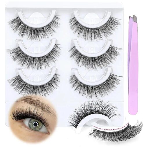 JIMIRE Self-Adhesive Eyelashes Lash Buddy with Clear Band No Glue Needed Mink Lashes Fluffy Natural Look Like Lash Extensions Reusable Wispy Self-Adhesive Lashes with Tweezers 3 Pairs Pack