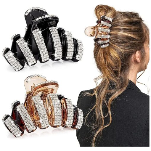 Noverlife 2PCS Rhinestone Hair Claw Clips for Women, Crystal Hair Catch Barrette Acrylic Jaw Clamp for Thick Hair, Fancy Rhinestone Claw Hair Clips, Large Bling Hair Clamps Strong Hold Hair Barrettes