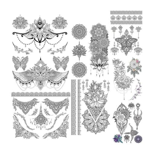 Glaryyears Black Lace Temporary Tattoo for Women Girls, 60+ Patterns 8 Pack Fake Mandara Flowers Tattoos Stickers, Sexy on Body Underboob Arm Chest Shoulder Thigh Abdomen Waist for Beach Party