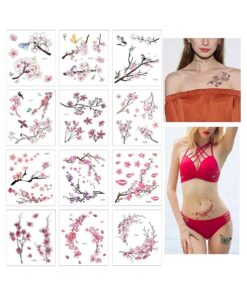 Glaryyears Flower Birds Temporary Tattoos, 12 Sheets Cherry Blossoms Fake Realistic Tattoo Sticker for Women Girls, Sexy Leaf Body Art for Seasons