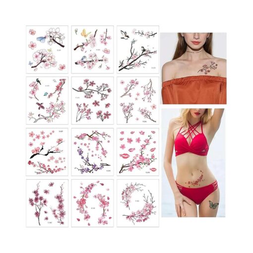 Glaryyears Flower Birds Temporary Tattoos, 12 Sheets Cherry Blossoms Fake Realistic Tattoo Sticker for Women Girls, Sexy Leaf Body Art for Seasons