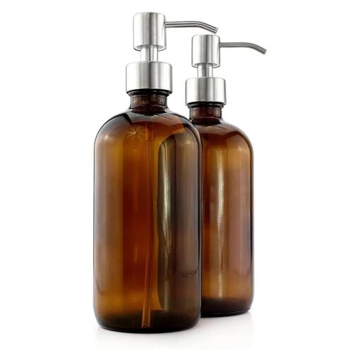 Cornucopia 16-Ounce Amber Glass Bottles w/Stainless Steel Pumps ( 2-Pack ) ; Lotion & Soap Dispenser Brown Boston Round Bottles for Aromatherapy, DIY