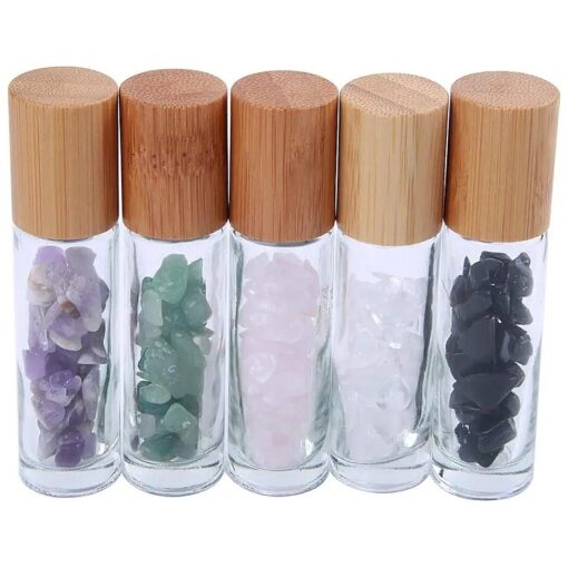 5 PCS 10ML Gemstone Roller Bottles, Refillable Roll On Bottles with Bamboo Lids Healing Crystal Chips Inside for Perfumes Aromatherapy Oils