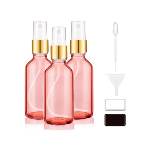 Small Glass Spray Bottles 4oz, Mini Spray Bottles for Hair Essential Oils Empty Refillable Sprayer Cosmetic Container with Golden Top, Labels, Funnel, Lids, Pipettes Pocket Size 3 Pack Pink