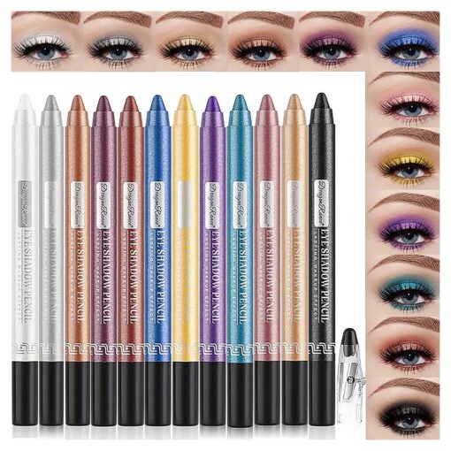 Petansy Cream Eyeshadow stick Eye Set, 12Pcs Colored Glitter Eyeshadow Stick Eyeliner Pencil, Long Lasting Waterproof Pearlescent Eyeshadow Eye Makeup Gift for women ( A )