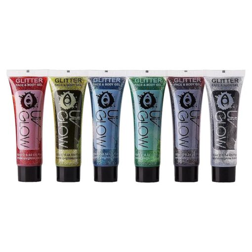 Face & Body Glitter Gel 0.34oz - Set of 6 tubes - UV Glow Branded Glitter Face Paint - Perfect for festivals and christmas parties