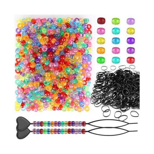 1602pcs Beads for Hair Braids Kit Including 600pcs 9x6mm Glitter Pony Beads, 1000pcs Elastic Rubber Bands, and 2pcs Quick Beaders for Kids Hair Braids ( Glitter )