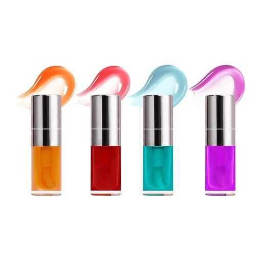 Plumping Lip Oil, 4PCS Hydrating Lip Glow Gloss Moisturizing Tinted Lip Balm Lasting Nourishing Protects Soothes, Comforts Transparent Lip Care Toot, Natural Ingredients Non-sticky Big Brush Glitter Primer Lip Tint ( SET A )