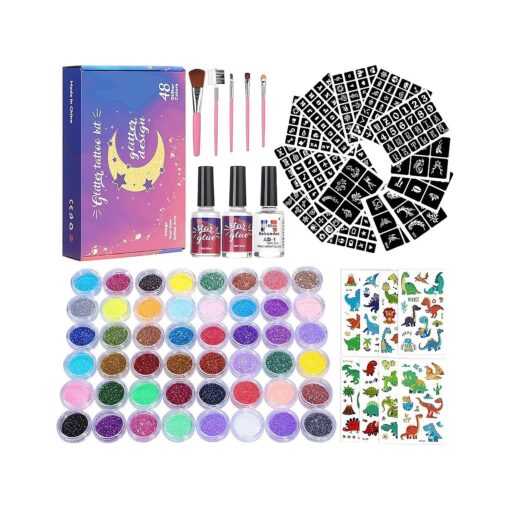 Glitter Tattoo for Kids, Glitter Tattoos 48 Colors, 318pcs Glitter Tattoo Stencils, 10 Sheets Tattoo Stickers Supply Sparkly Temporary Tattoos2 Glues,5 Brushes Adults & Kids Arts Glitter Make Up Kit