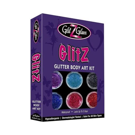 Glitter Tattoo Kit- NEW GLITZ - with 6 Large Glitters & 12 Stencils for boys & Girls, Children Tattoos by GlitZGlam Body Art