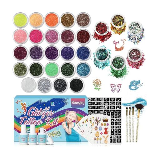 Beesjuy Glitter Tattoo Kit for Children, Glitter Tattoo Set with 30 Glitter Powders, 133 Unique Stencils, 3 Glitter Glues, 4 Brushes, for Birthday Parties, Halloween, Carnival and Christmas