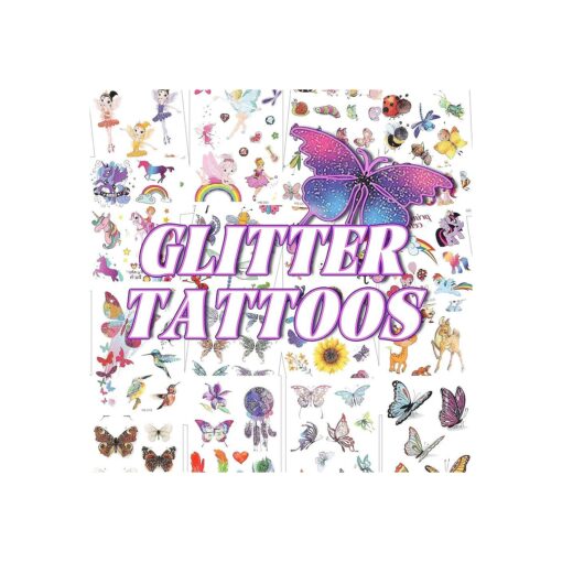 Glitter Tattoos for Girls - 16 Sheets Butterfly Fairy Flowers Temporary Tattoos Waterproof Fake Tattoos for Birthday Party Favors Supplies Goodie Bag Filler Stuffers Gifts for Boys Girls