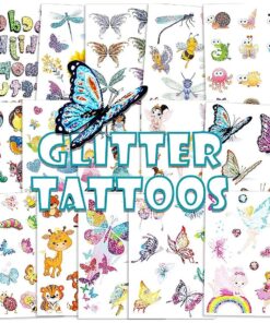 Konsait 180pcs Glitter Tattoos for Kids, Glitter Flash Temporary Tattoos Flower Fairy/Princess/Butterfly/Animal Fake Tattoo Sticker for Girls Children Birthday Party Favor Gift Bag Filler Rewards