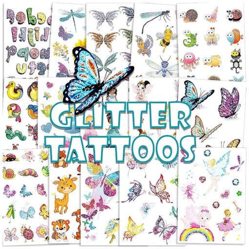 Konsait 180pcs Glitter Tattoos for Kids, Glitter Flash Temporary Tattoos Flower Fairy/Princess/Butterfly/Animal Fake Tattoo Sticker for Girls Children Birthday Party Favor Gift Bag Filler Rewards