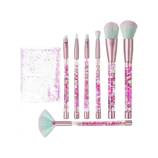 Makeup Brushes Set Glitter Unicorn Foundation Sparkles Cute Fan Powder Blush Lip Highlight Eye shadow Eyebrow Makeup Brush Set with Beautiful Liquid for Girls Teen Gift Present ( green brush )