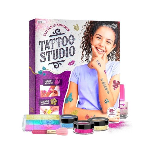 Temporary Shimmery Tattoo Studio Kit for Kids - Glitter & Metallic Fake Tattoos for Girls - Birthday Gift Ideas for Girl - Best Craft Kits Toys Stuff for Ages 6, 7, 8, 9, 10, 11 Year Old - Cool Gifts