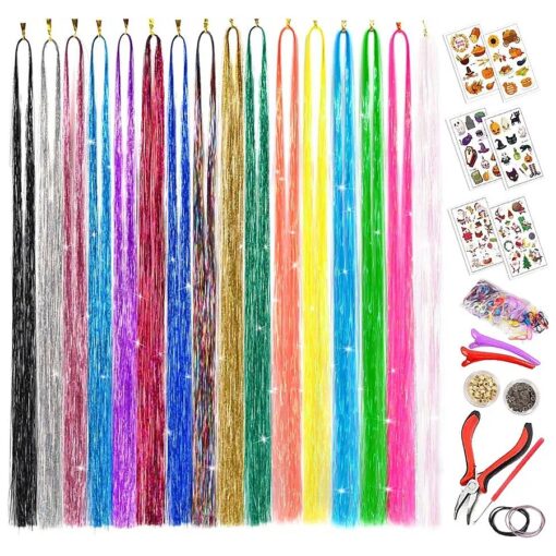 Hair Tinsel Kit, 16 Colors Tinsel Hair Extensions with Tools, Glitter Fairy Hair Tensile for Women Girls Halloween Cosplay Christmas New Year