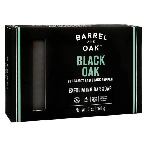 Barrel and Oak - Exfoliating Bar Soap, Men 's Soap Bar, Natural Exfoliator, Deep Cleans Pores & Removes Dead Skin, Certified Sustainable Palm Oil, Charcoal Powder, & Olive Stone, Vegan ( Black Oak, 6 oz )