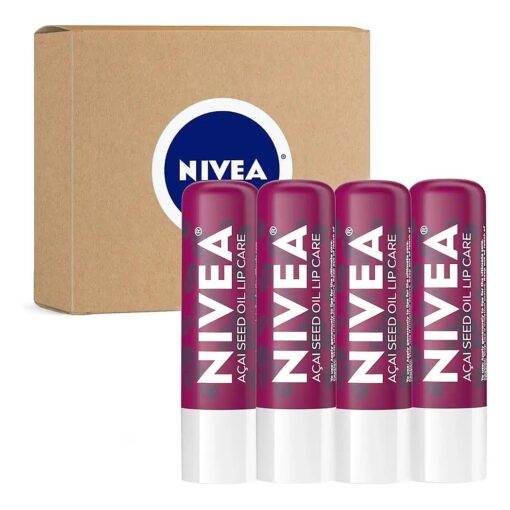 NIVEA Vegan Lip Care Acai Seed Oil and Shea Butter Lip Balm Stick, 0.17 Oz, Pack of 4