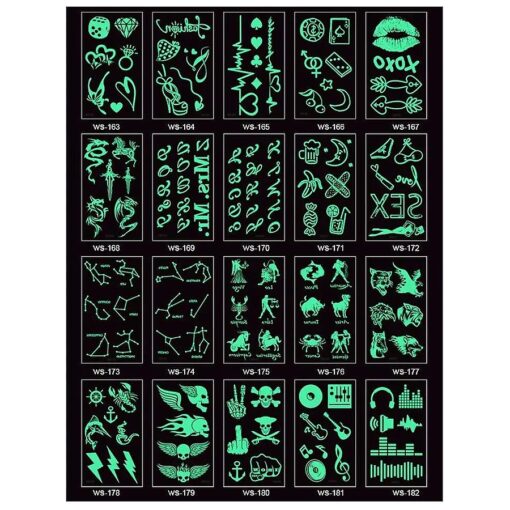 20 Sheets Glow In Dark Temporary Tattoo Stickers Luminous Fluorescent Waterproof Tattoos Water Transfer Fake Body Tattoo Stickers Fun For Party Festival Club Decoration DIY Accessories