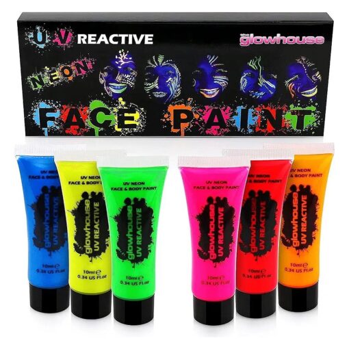 Glow in the Dark Face Paint and Body Paint Set, Fluorescent Neon Body Paint, UV Reactive, Set of 6 Neon Colors for Parties, Festivals, and Events