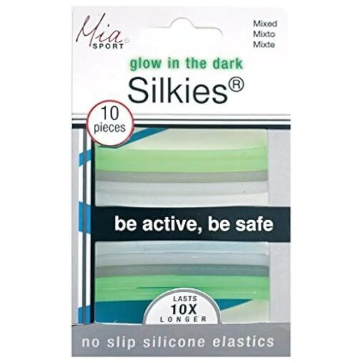 Mia Silkies Silicone Hair Elastics That Glow In The Dark, Be Active Be Safe, Translucent Grey, Clear, Green Colors-Lasts 10 Times Longer Than Regular Rubber Bands, Women And Girls No Slip 10 pcs