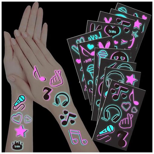 JUNEBRUSHS Glow in the Dark Temporary Tattoos, 20 Sheet Glow Theme Party Tattoos Stickers with Luminous Neon Pink Blue Music Crown Note for Adults Kids Halloween Party Concert Make up Fake Face