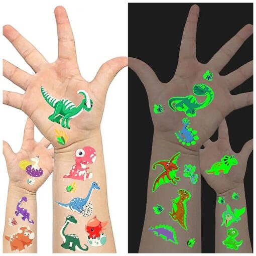 GLOW IN THE DARK : Easy to use : Choose your favorite dinosaur, tear it off, wet the fake tattoo with water, wait 20-30 seconds, and finally gently tear off the white surface, You will get a glowing