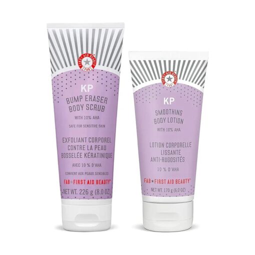 First Aid Beauty KP Bundle : KP Bump Eraser Body Scrub with 10 % AHA - 8 oz - and KP Smoothing Body Lotion - 6 oz