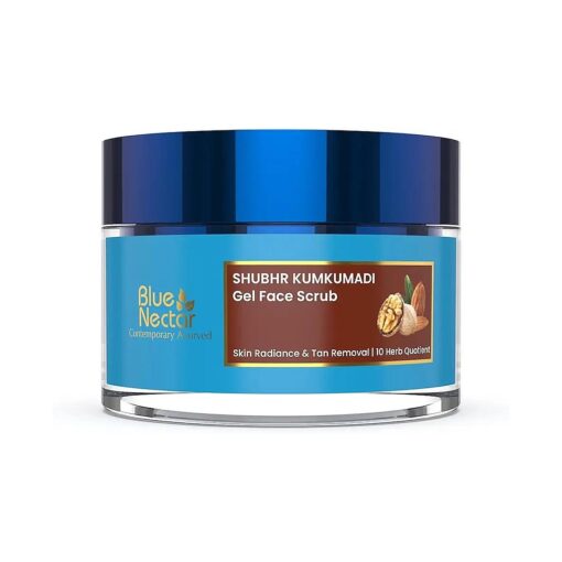 Blue Nectar Kumkumadi Gel Scrub | Non-Drying Face Scrub for Glowing Skin and Tan Removal | Plant Based Vitamin E | with Almond, Turmeric and Walnut, 1.7 Oz