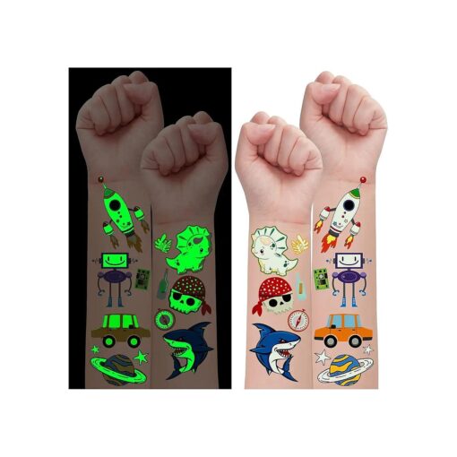 Partywind 145 Styles - Luminous Temporary Tattoos for Boys Kids, Glow Fake Tattoo Stickers for Children Featuring Dinosaur Space Pirate Cars and More, Glow Kids Birthday Party Supplies Favors