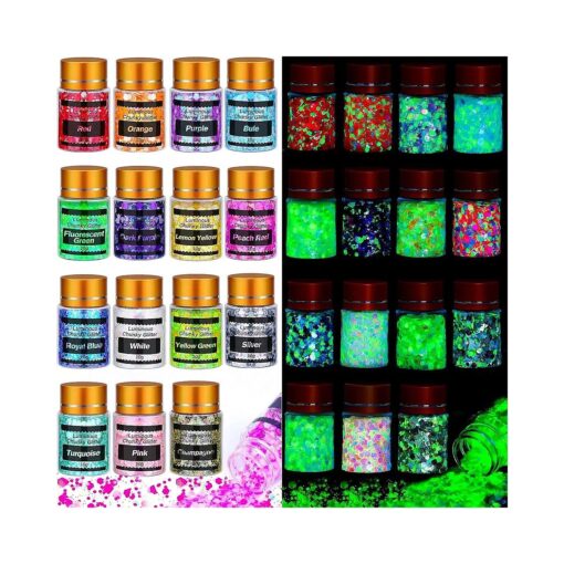 Glow in The Dark Body Eye Glitter, Cridoz 15 Colors High Luminous Face Glitter Cosmetic Eyeshadow Glow Glitter for Hair Eyeshadow, Festival Carnival Party Halloween Makeup