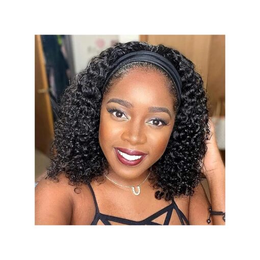 Headband Wig Human Hair Deep Wave None Lace Front Wigs Human Hair Curly Human Hair Headband Wigs for Black Women 150 % Density Natural Color 14 Inch