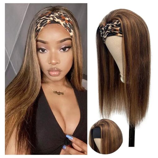 Brazilian Straight Human Hair Headbands Wigs Brown No Lace Scarf Wig With Strawberry Blonde Highlights 2 Tones Piano Color Glueless Half Wig 24 Inch 150 Density for Black Women # 4p27