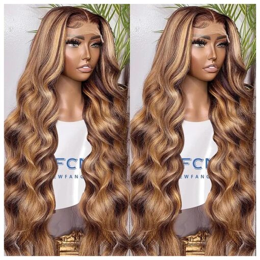 Ombre Lace Front Wig Human Hair 13x6 HD Transparent 4/27 Honey Blonde Lace Front Wigs Human Hair Pre Plucked with Baby Hair 180 % Density Body Wave Glueless Human Hair Wigs For Women ( 34 Inch )