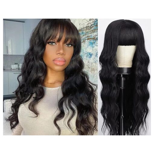 Body Wave Wig With Bangs Hmuan Hair For Black Women None Lace Front Wigs 150 % Density Brazilian Virgin Hair Glueless Human Hair With Bangs Natural Color ( 18inch, Body Wave )