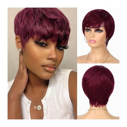 Glueless Wear and Go Wig Pixie Cut Short Human Hair Wigs for Black Women Full Machine Wigs 150 % Density Layered Wavy Style Wigs with Bangs ( 99J )