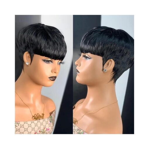 QiaQiaRing Pixie Cut Wig Human Hair Wigs For Black Women Short Layered Pixie Cut Wigs Full Machine Made Wigs Brazilian Virgin Human Hair Wigs For Women Glueless Wigs Natural Black Color