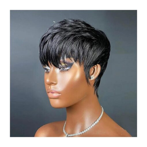 Short Pixie Cut Wig Human Hair Natural Black Color Short Wigs for Black Women Short Black Wig Straight Human Hair Glueless Pixie Wigs with Bangs Short Wavy Wig Layered Cut Wig