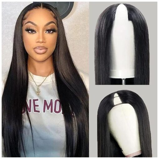 V Part Wigs Human Hair V Shape Wigs No Leave Out Lace Front Wigs Brazilian Virgin Straight Human Hair Wigs for Women 180 % Density Natural Color 24Inch