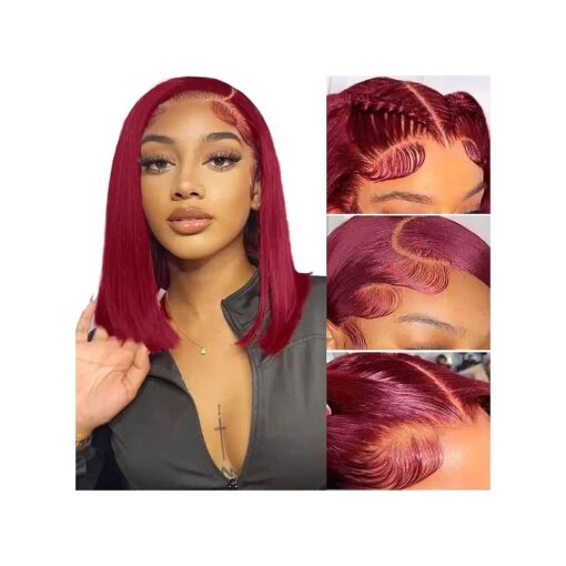 Burgundy Bob Wigs Human Hair 13x4 Short Bob Wig HD Lace Front Human Hair Wig Pre Plucked with Baby Hair for Women 180 % Density Glueless Wigs Bleached Knots Natural Hairline Wine Red 10 Inch