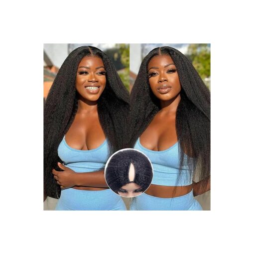 210 % Density V Part Kinky Straight Wig Human Hair Beginer Friendly Gluless Updated U Part Wigs For Women V-Part Clip in Wigs No Leave Out V-shape Half Wigs Natural Color ( 20 inch )